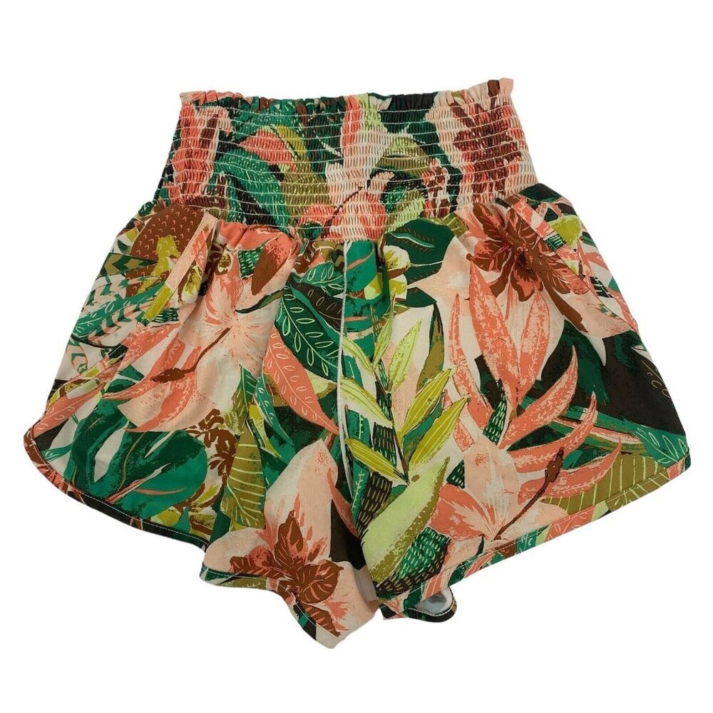 OFFLINE by Aerie Size S Real Me High Waist Smocked Shorts Peach Tropical Print